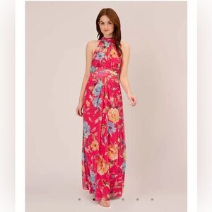 NWT Adrianna Papell Chiffon Halter Gown. Pink floral. Size 4
